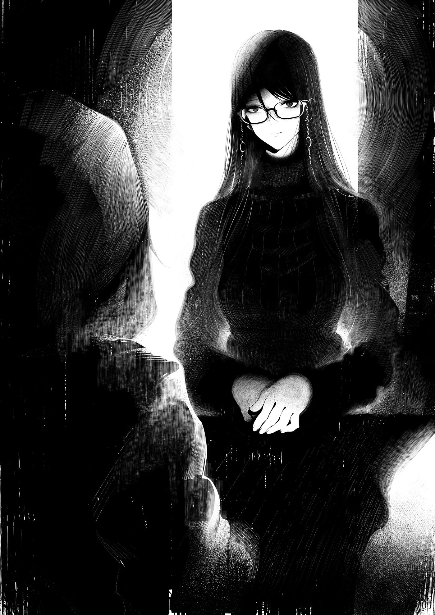 An insert from Otherside Picnic File 21; Satsuki Uruma seated across from Sorawo, making eye contact. Her hands are in her lap, and she wears what looks to be a turtleneck sweater.